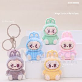 Millantech Labubu Pvc Cartoon Doll Keychain Flocking Cloth School Bag Pendant Small Plastic Gift Wholesale Car Keychain Flocking Keychain Flocking Sitting Labubu Keychain