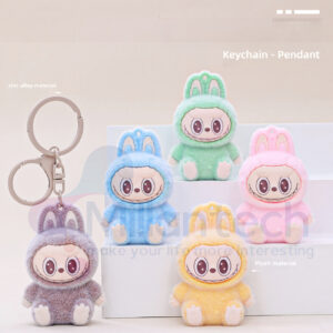 Millantech Labubu Pvc Cartoon Doll Keychain Flocking Cloth School Bag Pendant Small Plastic Gift Wholesale Car Keychain Flocking Keychain Flocking Sitting Labubu Keychain