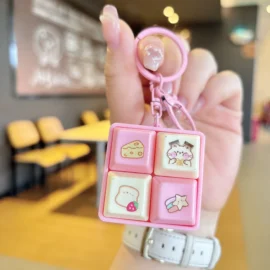 Wholesale Creative Four-Square Merit Button Keychain Electronic Wooden Fish Pendant Cartoon Plastic Stress Relief Cool-4.5cm*4.5cm / Pink