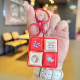 Wholesale Creative Four-Square Merit Button Keychain Electronic Wooden Fish Pendant Cartoon Plastic Stress Relief Cool-4.5cm*4.5cm / Red